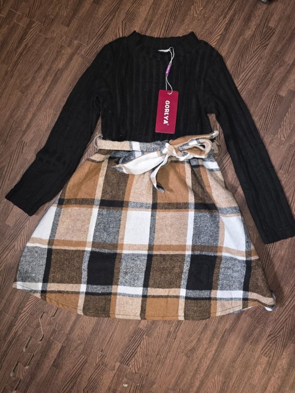 Gorlya Girls Long Sleeve Black Top With Plaid Skirt Belted Dress Size 6Y